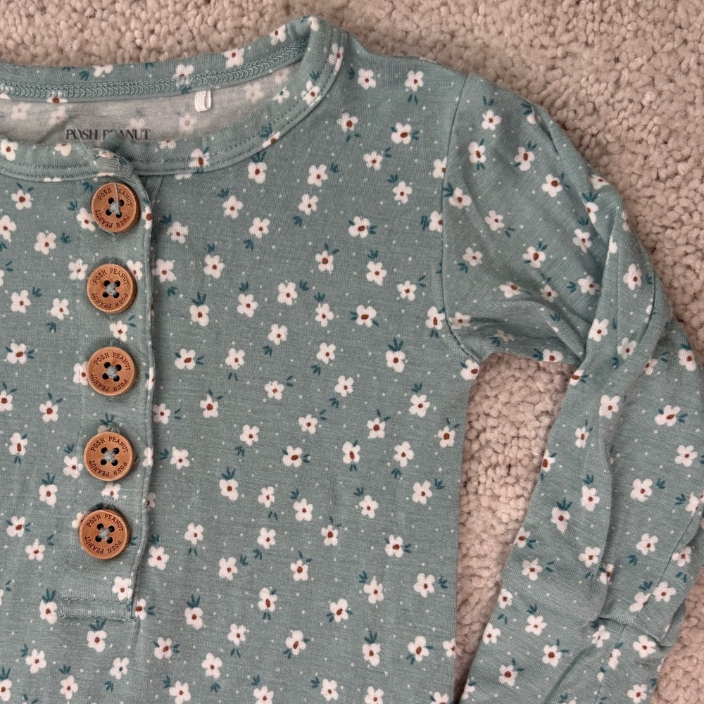 Posh Peanut Teal Floral Kids Long Sleeve Romper - Picture 4 of 11